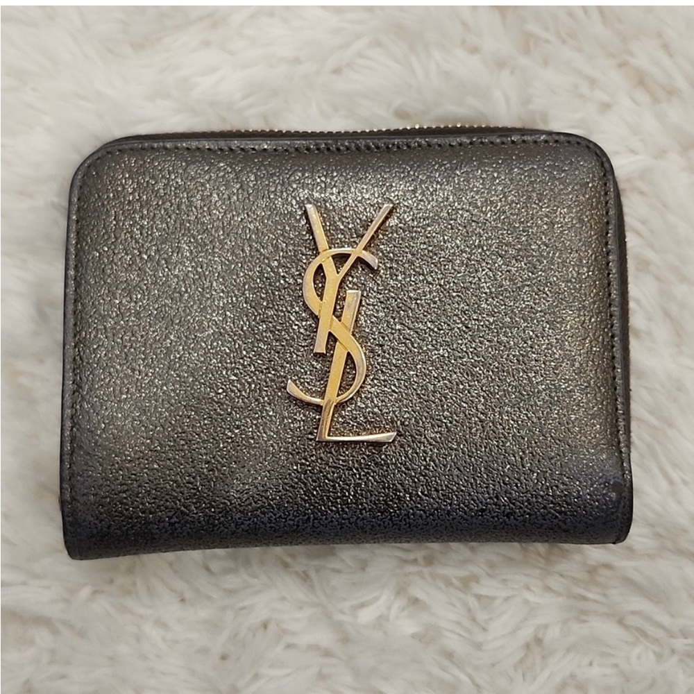 YSL monogram calfskin zip around wallet -metallic AUTHENTIC